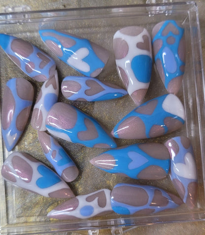 Set of blue and brown nail art designs in a clear plastic case on a textured surface.