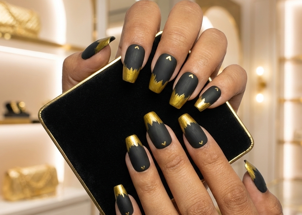 Hand with black and gold nail design holding a phone in a luxurious setting